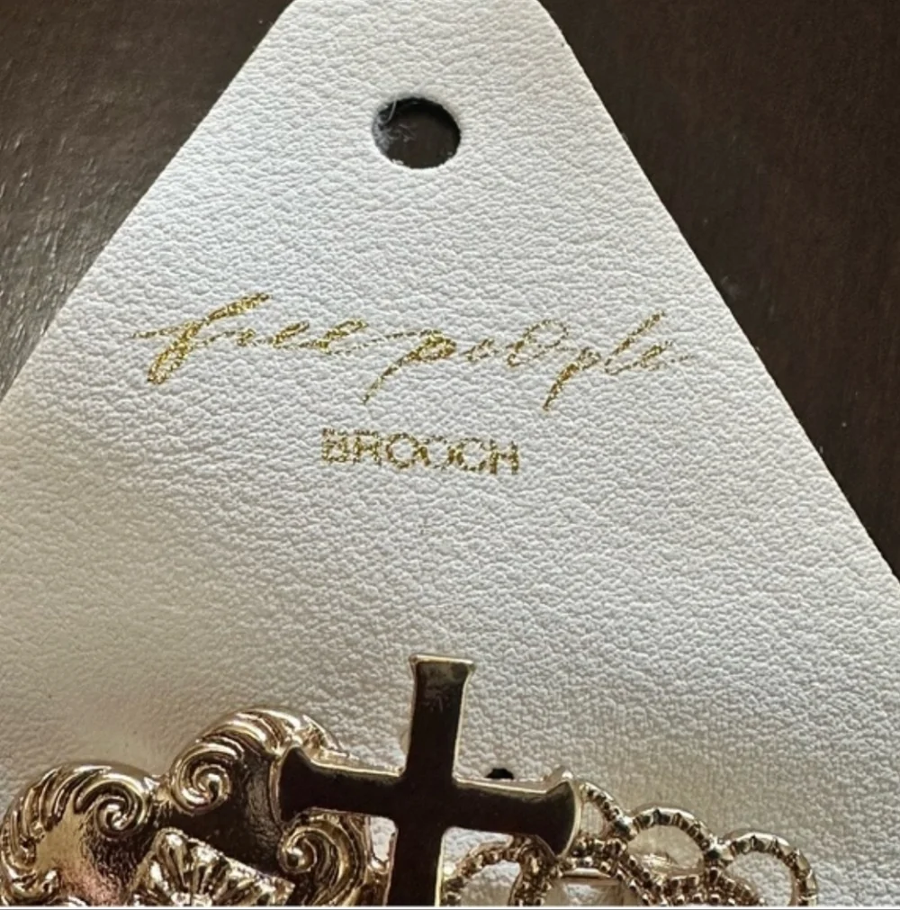 FREE PEOPLE Harmony Brooch Heart Cross Charms Gold Tone Pin NWT